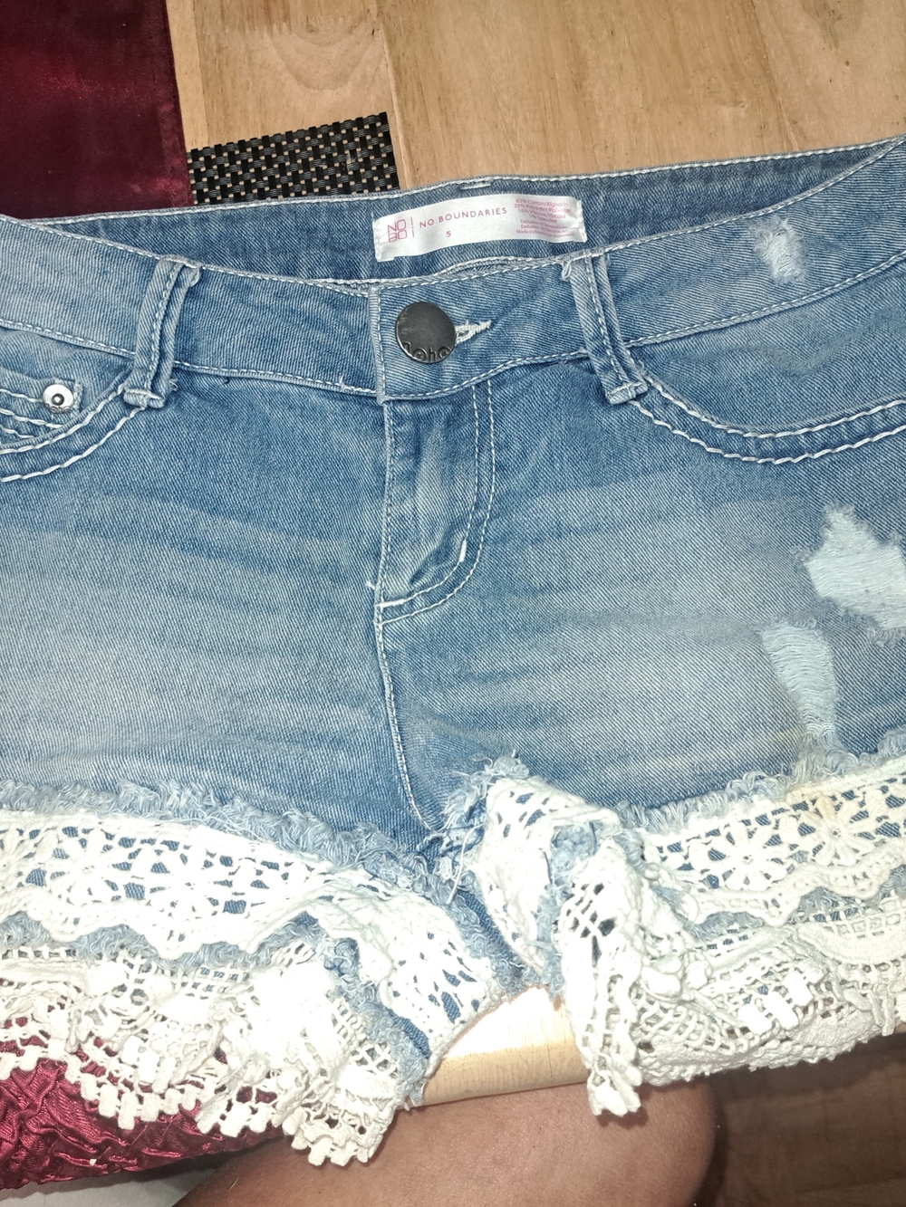No Boundaries Light Blue Denim Shorts with Lace Trim Sz 5